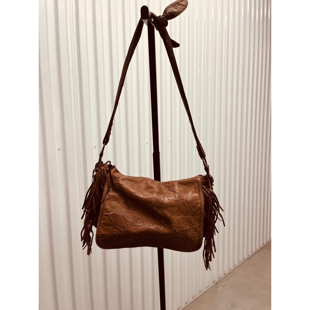 Tylie Malibu Hobo Bag Brown Leather OS Y2K Fringe Distressed Boho Shoulder Bag